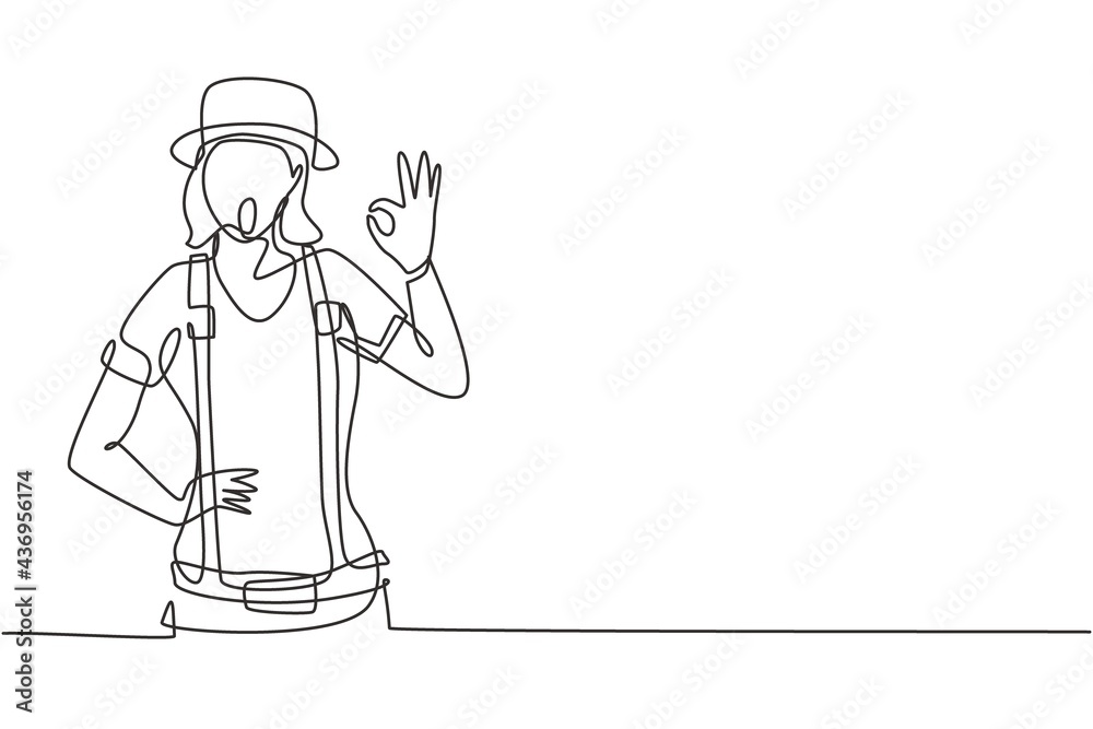 Continuous one line drawing female mime artist with gesture okay and white face make-up puts on a silent motion comedy show at circus arena. Single line draw design vector graphic illustration Continuous one line drawing female mime artist with gesture okay and white face make-up puts on a silent motion comedy show at circus arena. Single line draw design vector graphic illustration