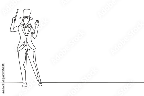 Single continuous line drawing female magician stands with gesture okay wearing hat and holding magic wand performing tricks at circus show. Dynamic one line draw graphic design vector illustration