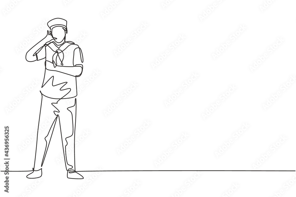 Continuous one line drawing sailor man stands with call me gesture and scarf around neck join cruise ship carrying passengers traveling across seas. Single line draw design vector graphic illustration
