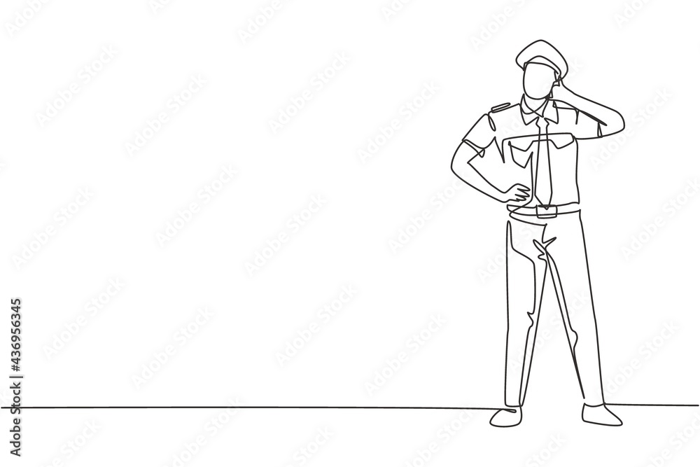 Single continuous line drawing pilot stands with call me gesture and complete uniform serves airplane passengers fly to destination. Professional job. One line draw graphic design vector illustration