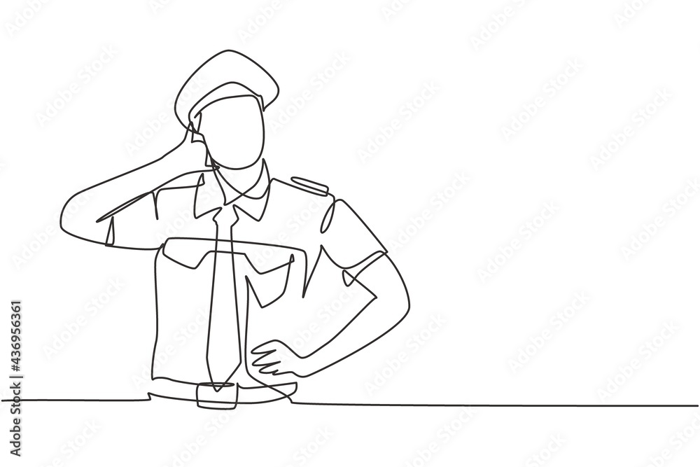 Continuous one line drawing pilot with call me gesture and full uniform ready to fly with cabin crew in aircraft at airport. Professional person. Single line draw design vector graphic illustration