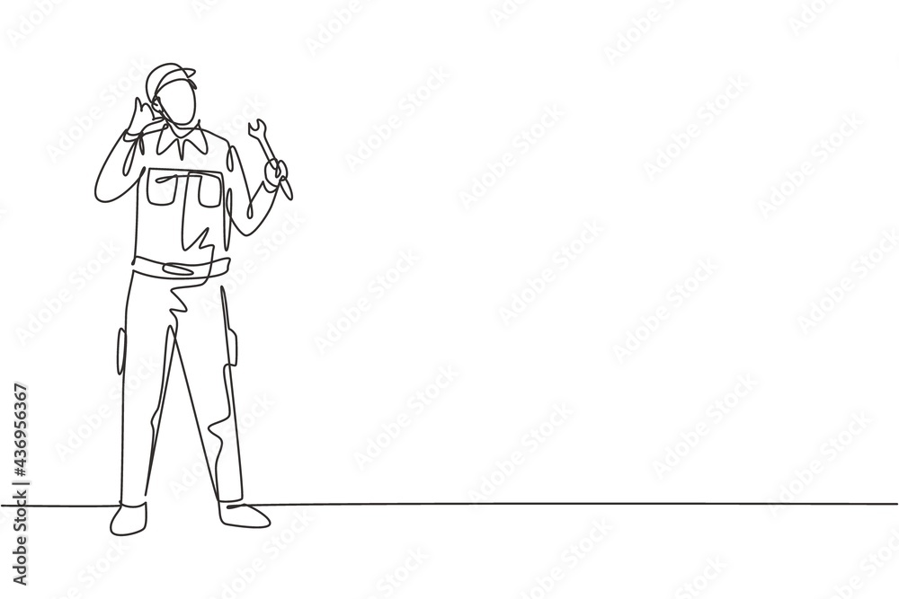 Single one line drawing mechanic stands up with call me gesture and holding wrench to perform maintenance on vehicle engine. Success business. Continuous line draw design graphic vector illustration