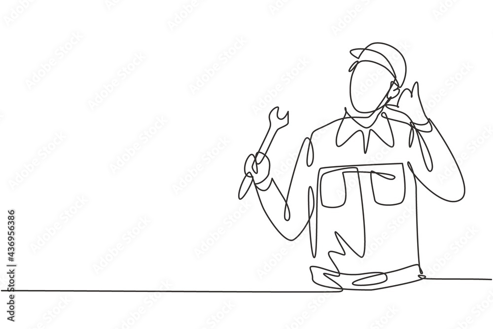 Continuous one line drawing mechanic with call me gesture and holding wrench works to fix broken car engine in garage. Success business concept. Single line draw design vector graphic illustration Continuous one line drawing mechanic with call me gesture and holding wrench works to fix broken car engine in garage. Success business concept. Single line draw design vector graphic illustration