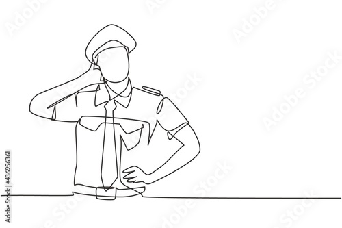 Continuous one line drawing pilot with call me gesture and full uniform ready to fly with cabin crew in aircraft at airport. Professional person. Single line draw design vector graphic illustration
