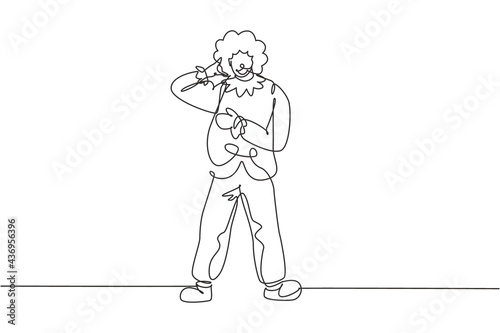 Single one line drawing clown stands with call me gesture wearing wig and clown costume ready to entertain audience in the circus arena. Modern continuous line draw design graphic vector illustration