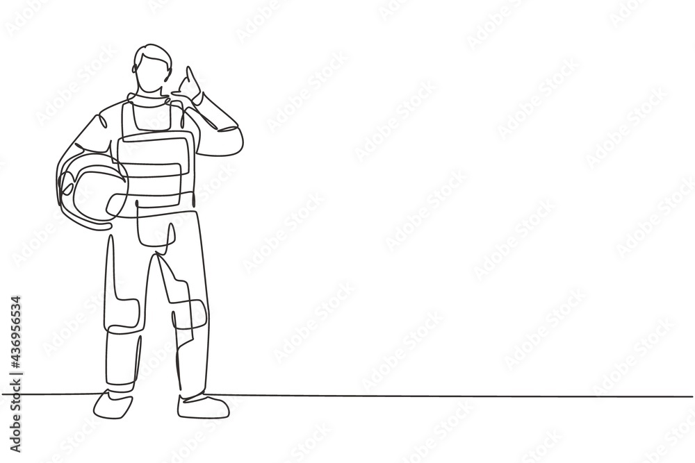 Single continuous line drawing astronaut stands with call me gesture wearing space suit exploring earth, moon, other planets in the universe. Dynamic one line draw graphic design vector illustration Single continuous line drawing astronaut stands with call me gesture wearing space suit exploring earth, moon, other planets in the universe. Dynamic one line draw graphic design vector illustration