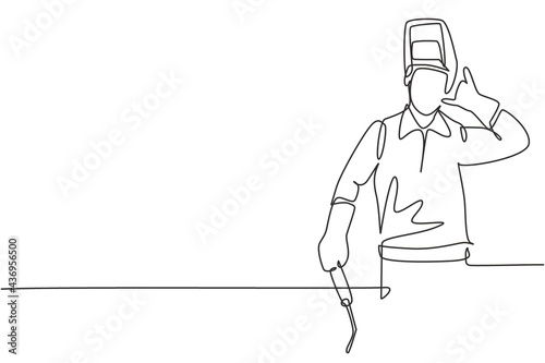 Single continuous line drawing welder with call me gesture works in the construction of building forming steel frame that is melted by fire. Dynamic one line draw graphic design vector illustration
