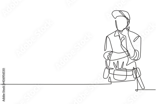 Single one line drawing handyman with call me gesture ready to work on repairing the damaged part of house. Professional work. Success business. Continuous line draw design graphic vector illustration