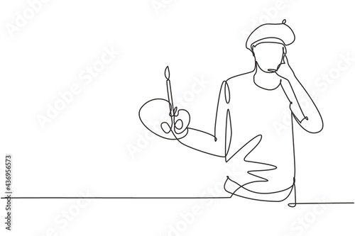 Continuous one line drawing artist painter with call me gesture using painting tools such as brushes, canvas, and watercolors in producing art. Single line draw design vector graphic illustration
