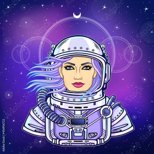 Animation portrait of the young woman astronaut in an open space suit. Background - the night star sky. Vector illustration. Print, poster, t-shirt, card. © roomyana