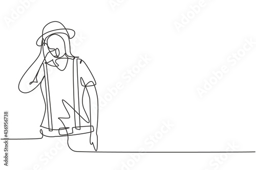 Single continuous line drawing female mime artist with call me gesture and white face make-up puts on a silent motion comedy show at circus arena. One line draw graphic design vector illustration