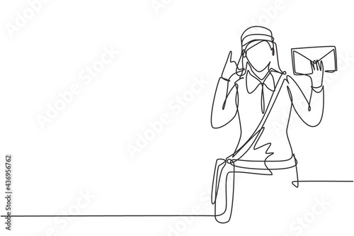 Single continuous line drawing postwoman wearing hat, sling bag, and uniform with call me gesture holds envelope to delivered to home address. Dynamic one line draw graphic design vector illustration
