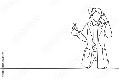 Single one line drawing female scientist with call me gesture and holding measuring tube to examining chemical solution to make vaccine. Modern continuous line draw design graphic vector illustration