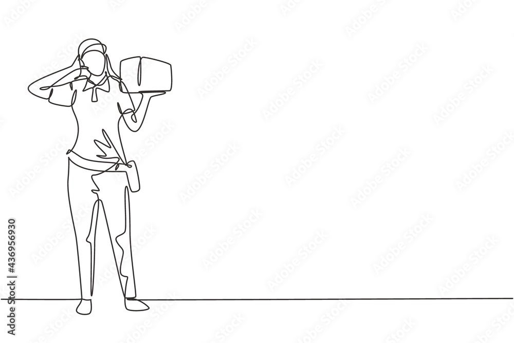 Single continuous line drawing deliverywoman stands with call me gesture carrying package box that customer order to be delivered safely. Dynamic one line draw graphic design vector illustration