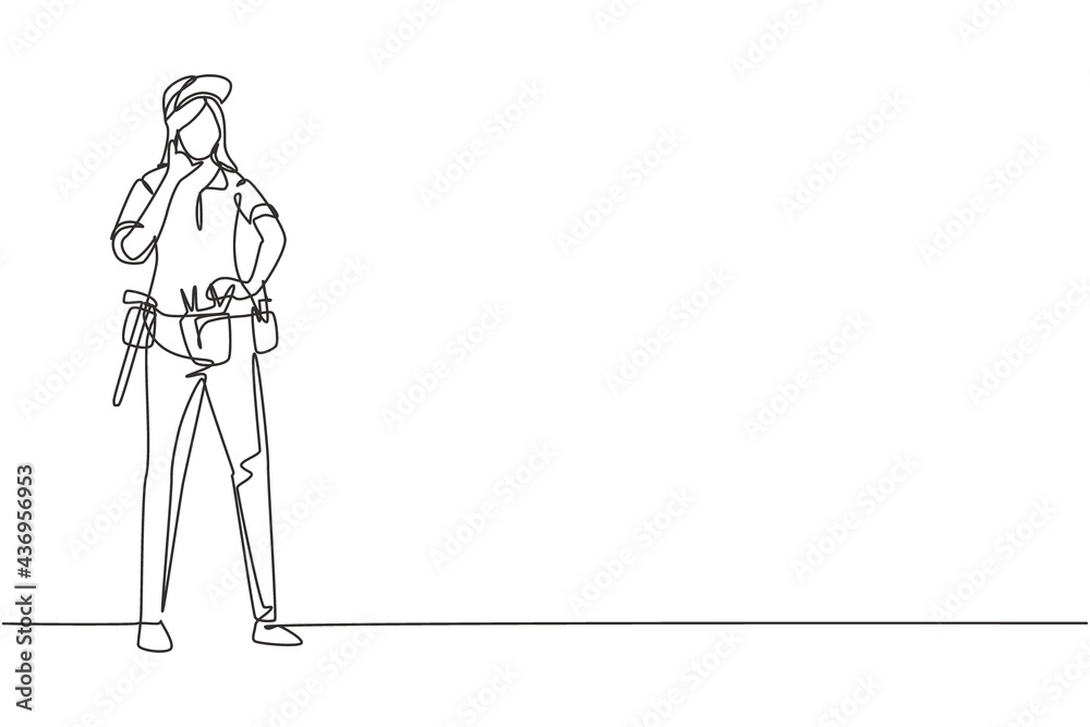 Single continuous line drawing handywoman stands with call me gesture and tools such as pliers, screwdriver, hammer that is placed on his work shirt. One line draw graphic design vector illustration - obrazy, fototapety, plakaty 
