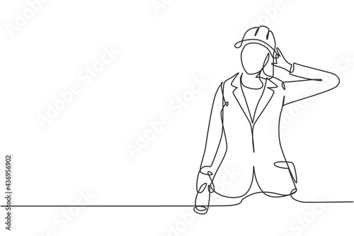Single one line drawing female architect with call me gesture and wearing helmet carried building construction drawing paper. Success business. Continuous line draw design graphic vector illustration