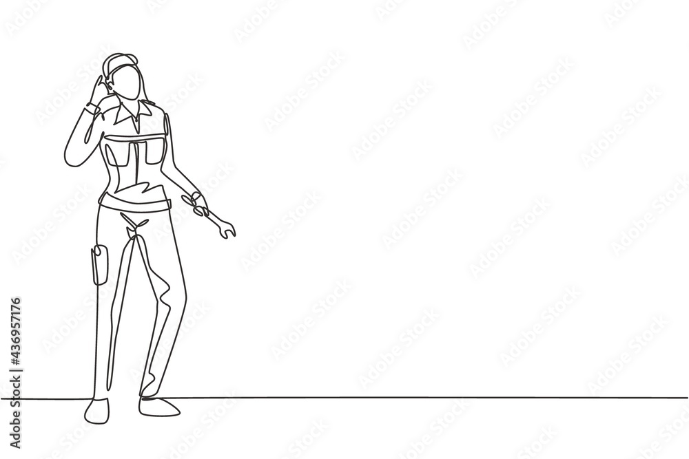 Continuous one line drawing female mechanic stands up with call me gesture and holding wrench to perform maintenance on vehicle engine. Success job. Single line draw design vector graphic illustration Continuous one line drawing female mechanic stands up with call me gesture and holding wrench to perform maintenance on vehicle engine. Success job. Single line draw design vector graphic illustration