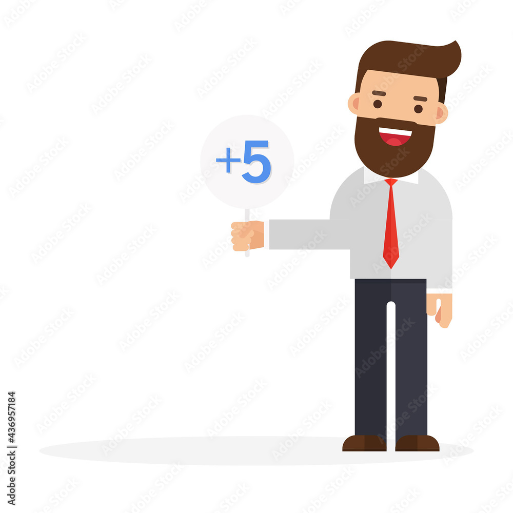 Businessman holds a sign with text plus five Businessman holds a sign with text plus five