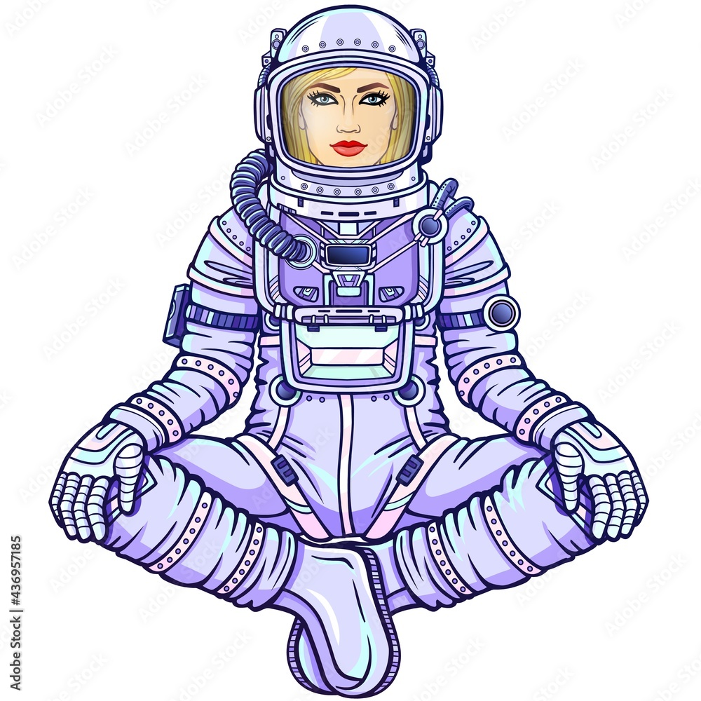 Obraz premium Animation figure of the woman astronaut sitting in a Buddha pose. Meditation in space. Color drawing. Vector illustration isolated on a white background. Print, poster, t-shirt, card.