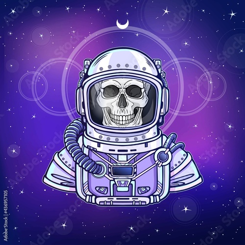 Animation Astronaut skeleton in a space suit. Color drawing. Background - the night star sky. Vector illustration.  Print, poster, t-shirt, card.