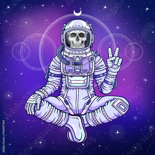Animation figure of the astronaut skeleton sitting in Buddha pose. Meditation in space. Color drawing. Background - the night star sky. Vector illustration.  Print, poster, t-shirt, card.