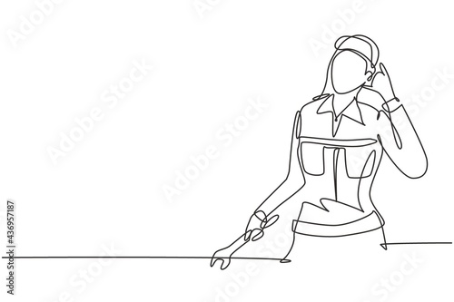 Continuous one line drawing female mechanic with call me gesture and holding wrench works to fix broken car engine in garage. Success business. Single line draw design vector graphic illustration