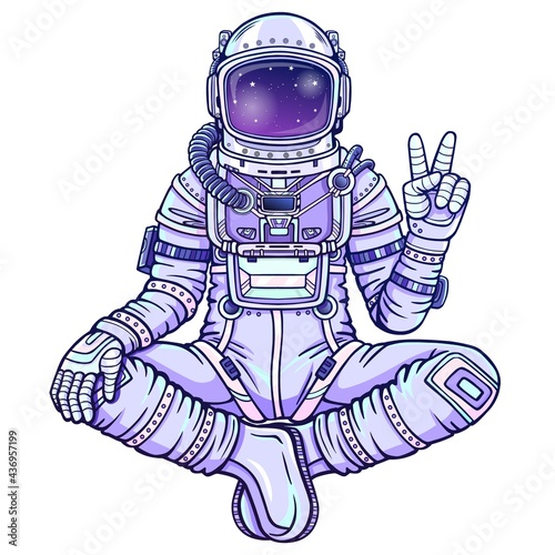 Animation figure of the astronaut sitting in Buddha pose. Meditation in space. Color drawing. Vector illustration isolated on a white background. Print, poster, t-shirt, card.