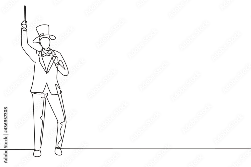 Continuous one line drawing magician stands with celebrate gesture wearing hat and holding magic wand performing tricks at circus show. Success job. Single line draw design vector graphic illustration Continuous one line drawing magician stands with celebrate gesture wearing hat and holding magic wand performing tricks at circus show. Success job. Single line draw design vector graphic illustration