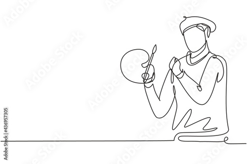 Continuous one line drawing artist painter with celebrate gesture using painting tools such as brushes, canvas, and watercolors in producing art. Single line draw design vector graphic illustration