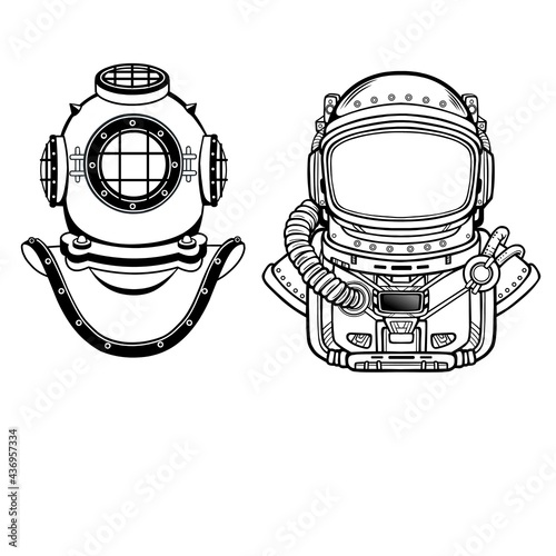 Human inventions: ancient diving helmet, astronaut`s suit. Past and future. Depth science. Vector illustration isolated on a white background.  Print, poster, t-shirt, card.