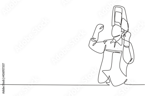 Continuous one line drawing welder with celebrate gesture works in construction of building forming steel frame that is melted by fire. Success job. Single line draw design vector graphic illustration
