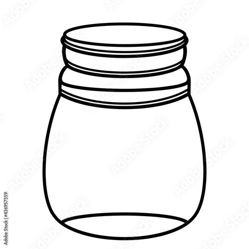 Oval glass jar with a lid. Empty flask. Isolated vector icon on white background. The contour of the bottle, the silhouette of the vessel. Hand-drawn black doodle.