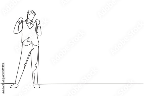 Single continuous line drawing steward stands with celebrate gesture and uniform prepare at airport with the crew flying to their destination. Dynamic one line draw graphic design vector illustration