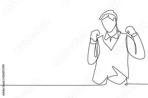 Continuous one line drawing steward with celebrate gesture ready to serve airplane passengers in a friendly and warm manner. Professional person. Single line draw design vector graphic illustration