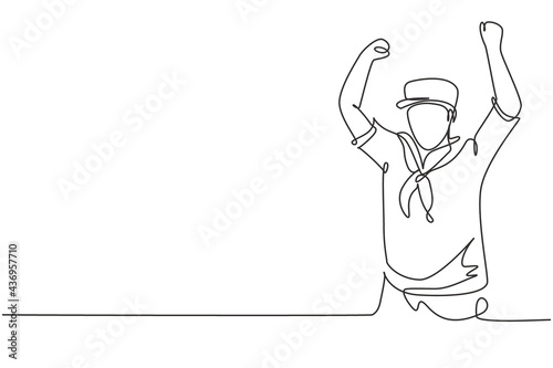 Single continuous line drawing sailor man with celebrate gesture and scarf around his neck ready sail across seas in a ship headed by captain. Dynamic one line draw graphic design vector illustration