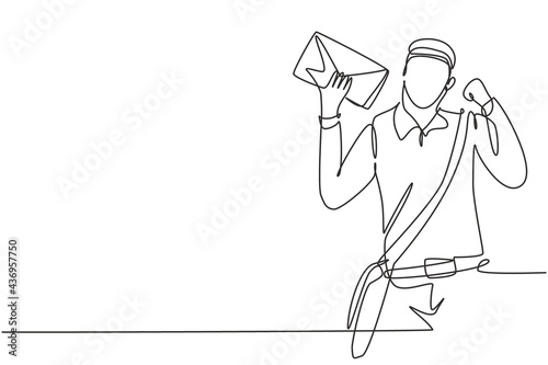 Single continuous line drawing postman with celebrate gesture, wearing hat, sling bag, and uniform holds envelope to delivered to home address. Dynamic one line draw graphic design vector illustration
