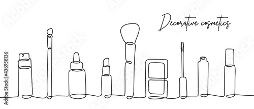 Set of cosmetics. Continuous one line drawing. Various items and bottles of decorative cosmetics: foundation, lipstick, mascara, blush, makeup brushes. Vector illustration, eps10