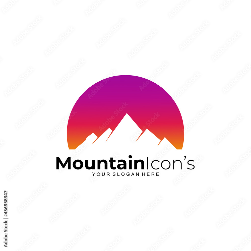 Mountain logo and sun design combination, flat style Mountain logo and sun design combination, flat style