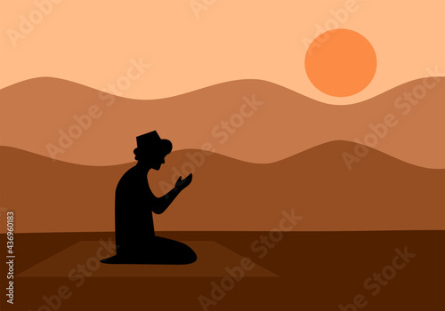 Silhouette male Muslim Islamic praying with sunset on background in flat design. Muslim prayer concept.