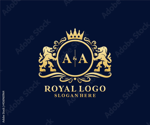Initial AA Letter Lion Royal Luxury Logo template in vector art for Restaurant, Royalty, Boutique, Cafe, Hotel, Heraldic, Jewelry, Fashion and other vector illustration.