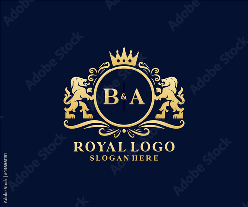 Initial BA Letter Lion Royal Luxury Logo template in vector art for Restaurant, Royalty, Boutique, Cafe, Hotel, Heraldic, Jewelry, Fashion and other vector illustration.
