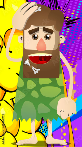 Cartoon prehistoric man placing hand on head. Vector illustration of a man from the stone age.