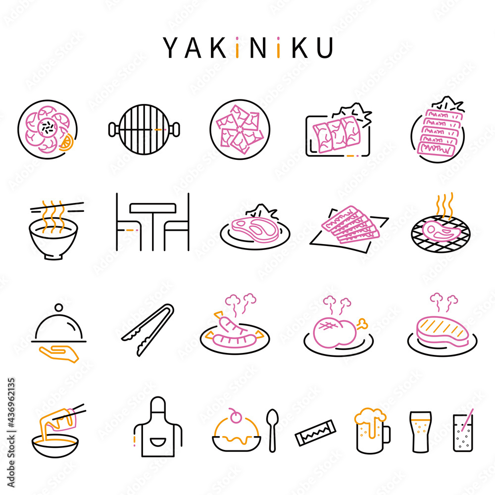 線画 3色アイコン 焼肉 黒基調 Stock Vector Adobe Stock