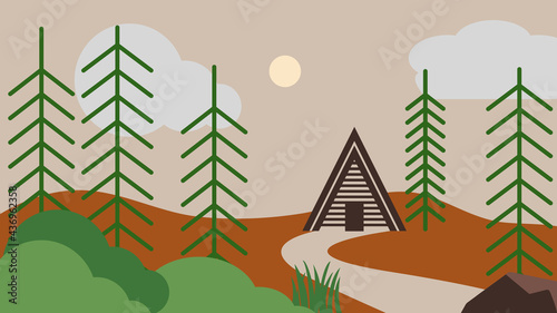 A-frame lodge in the pine forest. Great outdoors concept