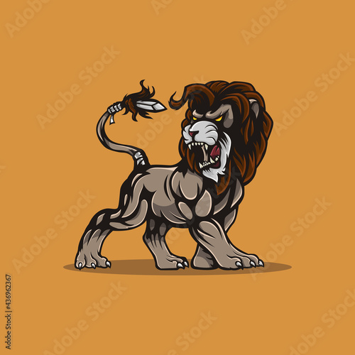 Roaring lion illustration with a knife on his tail