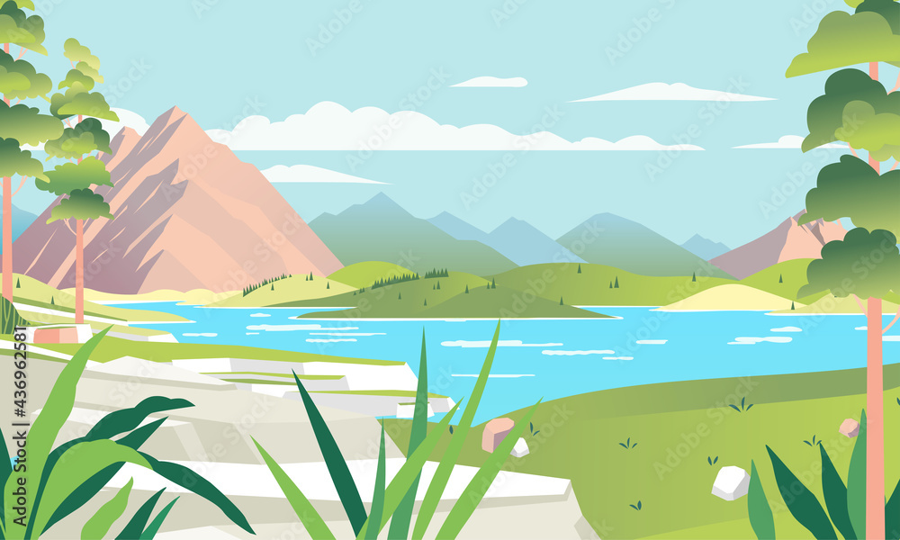 beautiful landscape illustration with mountainous, lake and broad green hill
