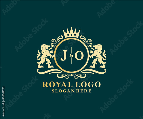 Initial JO Letter Lion Royal Luxury Logo template in vector art for Restaurant, Royalty, Boutique, Cafe, Hotel, Heraldic, Jewelry, Fashion and other vector illustration.