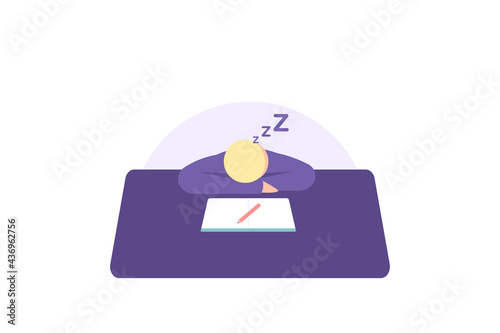 illustration of a boy who fell asleep while studying. tired, learn too much. flat style. vector design