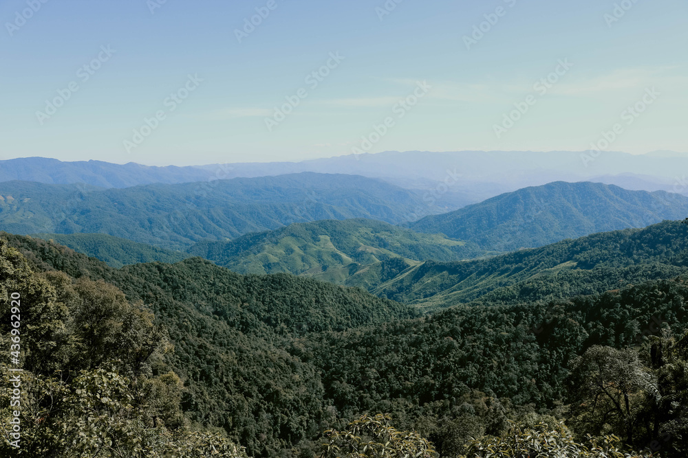 Obraz premium Tropical rainforest, mountain landscape and blue sky.