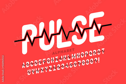 Heartbeat pulse line style font, alphabet letters and numbers vector illustration